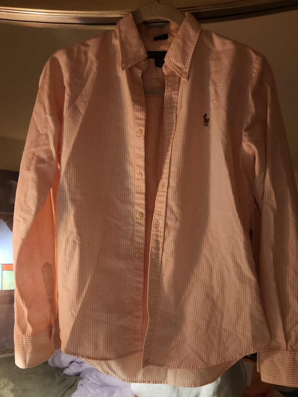 Polo by Ralph Lauren Women's  Light Pink Striped Button-Down Shirt Slim Fit 6